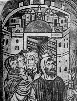 Город. Деталь сцены вход в Иерусалим. Мозаика из церкви в Дафни. Вторая половина XI в. 