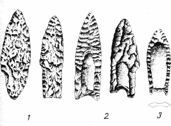 Желобчатые наконечники палеоинейской эпохи с территории Северной Америки: 1 - наконечник типа Сандиа; 2 - наконечник типа Кловис; 3 - наконечник типа Фолсом