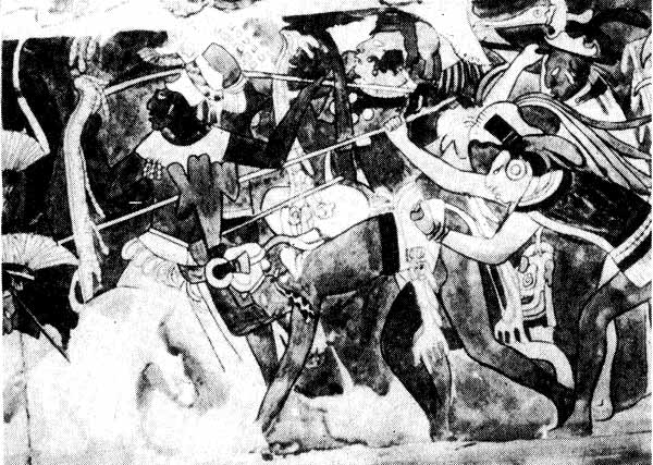 Деталь настенноой росписи (сцена битвы). Бонампак, Чиапас.