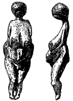 Скульптурная фигура женщины, вырезанная из бивня мамонта (фас и профиль). Костёнки I. Из раскопок 1952 г.