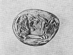 Лидийская золотая монета царя Креза. Начало VI в. до и. а. 