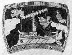 Корабль Одиссея проплывает мимо острова сирен. Рисунок на краснофигурной вазе. V—начало IV в. дон. э. 
