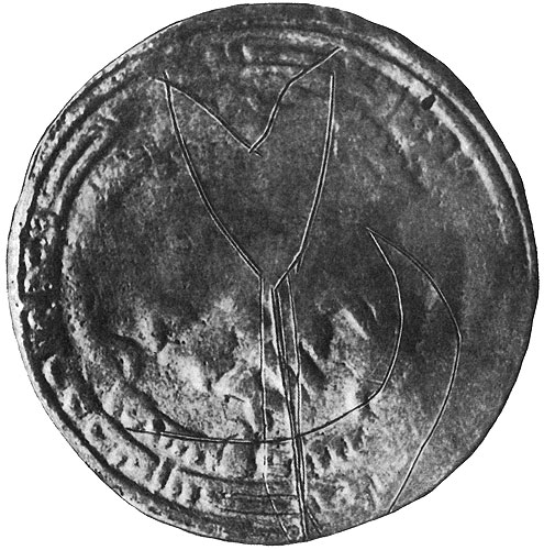 93. Граффити на монете: изображение ладьи и воинского стяга.