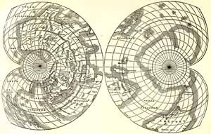 Схема карты Меркатора 1538 г. (Первая карта, на которой название Америка было распространено на оба материка Нового Света.)