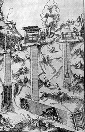 Шахта  в разрезе. Гравюра из книги Г.Агриколы 'О металлах'  1556 г.