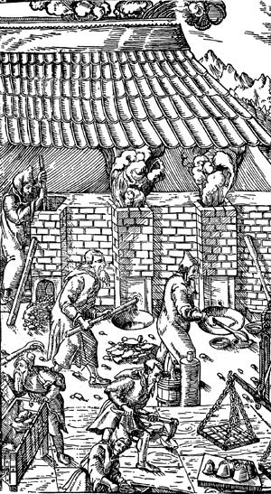 Доменные печи. Гравюра из книги Г. Агриколы 'О металлах'  1556 г.