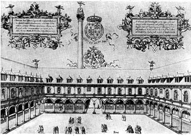 Лондонская биржа (открыта в 1571 г.). Старинная гравюра