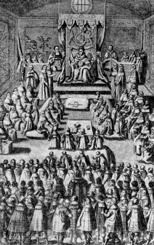 Заседание парламента при Елизавете. Гравюра XVI в.