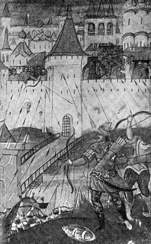 Оборона Новгорода от шведов в 1611 г. Деталь иконы XVII в.