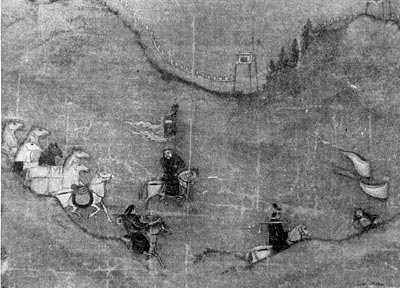 Группа всадников под Великой Китайской стеной. Китайский рисунок XVI в.