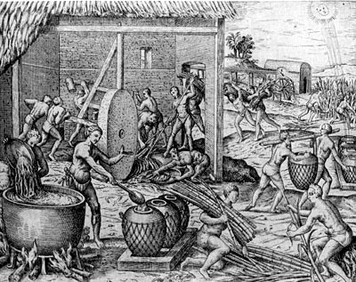 Негры, работающие на испанской сахарной плантации в Америке. Гравюра начала XVII в.