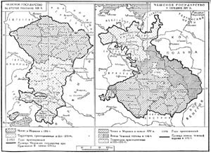 Чешское государство во второй половине XIII в. (слева). И Чешское государство в середине XIV в. (справа).