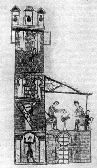 Изображение колокольни и помещения для переписки книг (скриптория) в монастре. Испанская миниатюра. XII в.