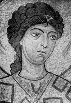 Голова архангела Михаила. Мозаика в Гелатском  монастыре (Грузия). 1125-1130 гг.