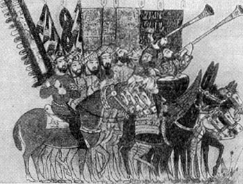 Знаменосцы и музыканты гвардии халифа. Арабская миниатюра. 1237 г.