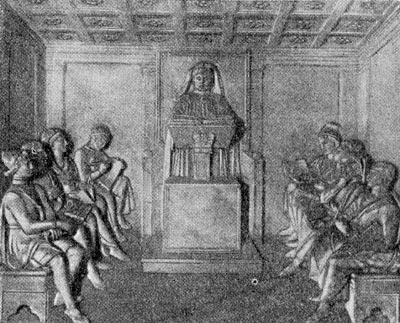 Лекция в университете. Мраморный рельеф Бернардо и Антонио Росселино. Около 1490 г.