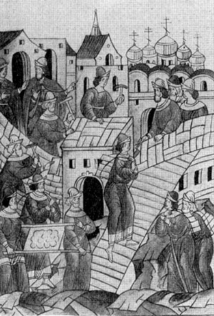 Постройка каменного Кремля в Москве в 1391 г. Миниатюра из 'Лицевого летописного свода'. XVI в.