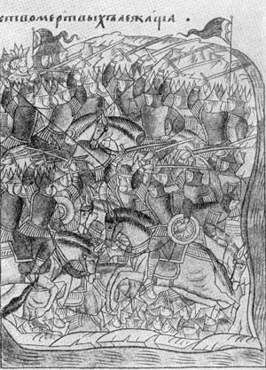 Битва на Куликрвском поле 8 сентября 1380 г. Миниатюра из 'Лицевого летописного свода'. XVI в.