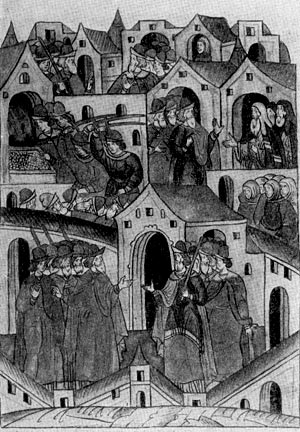 Восстание 'чёрных людей' в Москве в 1382 г. Миниатюра из 'Лицевого летопосного свода'