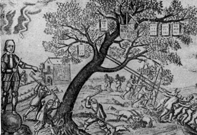 Кромвель подрубает королевский дуб. Роялисткая карикатура 1649 г.