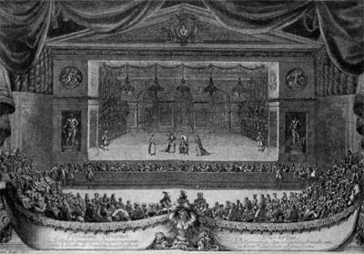Спектакль в Версальском парке. Сцена из комедии Мольера 'Мнимый больной'. Гравюра П. Лепотра 1676 г.