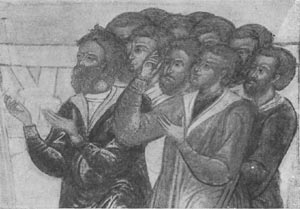 Деталь фрески с изображением семьи гостя Гр. Никитина в церкви св. Троицы в Москве. Середина XVII в.
