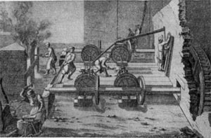 Резание и прокат железа. Рисунок Сведенборга 1723 г.