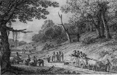 Возвращение с ярмарки из Канева. Рисунок из альбома 'Путешествие' И. Г. Мюнца. 1780 г.