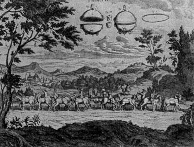 Опыты Отто Герике. Гравюра из книги  Герике 'Новые, так называемые Магдебургские, опыты с пустым пространством' 1672 г.