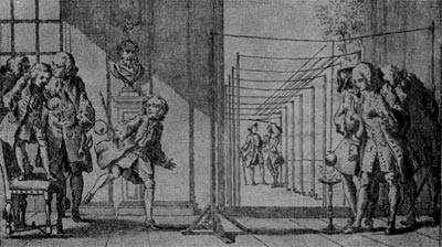 Опыты с электричеством в 1740 г. Гравюра XVIII в. Ш. Кошена.
