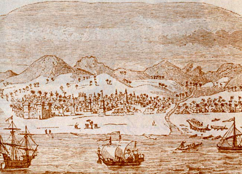 Панорама Каликута XVI столетия. Гравюра по дереву Белль-Форе.