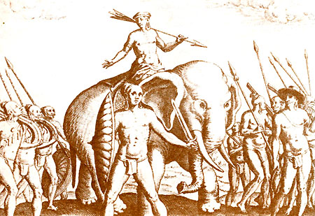 Правитель. Кочина на боевом слоне. Рисунок из мастерской де Бри (1598)