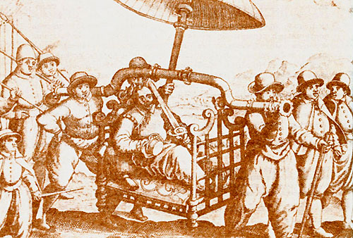 Португальцы в Индии заставляют носить себя в паланкинах. Рисунок из мастерской де Бри (1598)
