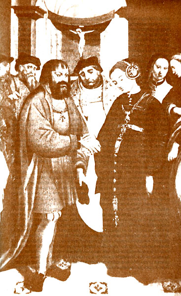 Король Мануэл I во время своего третьего бракосочетания в 1519 году.Португальская картина XVI века