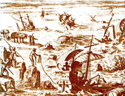 Опасности мореплавания: кораблекрушение. Рисунок из мастерской де Бри (1599)
