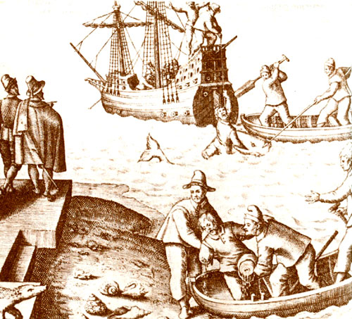 Ужасы Индии: моряк, на которого напала акула. Рисунок из мастерской де Бри (1600)