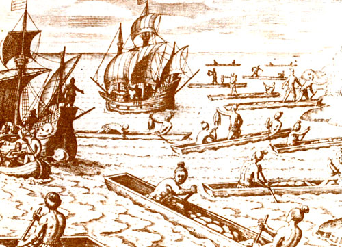 Европейские корабли у Марианских островов. Рисунок из мастерской де Бри (1599)