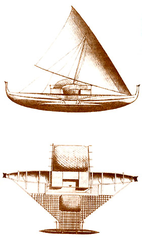 Балансирные лодки с Каролин. Иллюстрация к отчету об экспедиции Дюмон-Дюрвиля (1883)