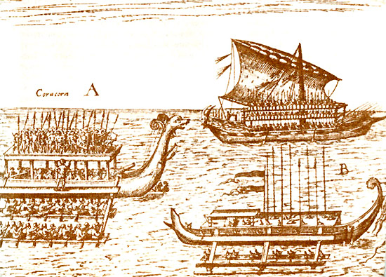 Корабли с острово Банда и Тернате. Рисунок из мастерской де Бри (1601)