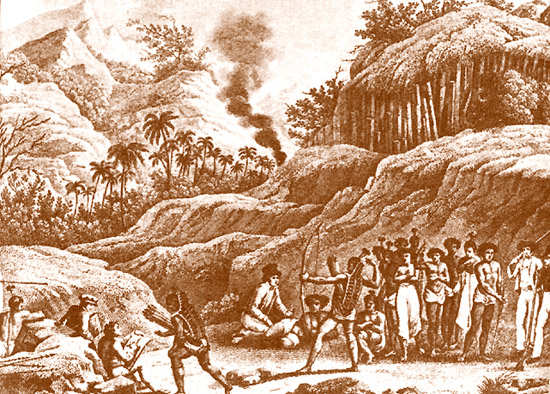 Панорама острова Алор близ Тимора. На переднем плане европейцы и аборигены, стреляющие из луков. (Экспедиция Фрейкинета, 1818)
