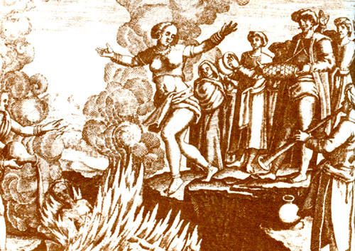 Как сжигают умерших брахманов и как их жены сжигают себя сами в том же огне. Рисунок из мастерской де Бри (1598)