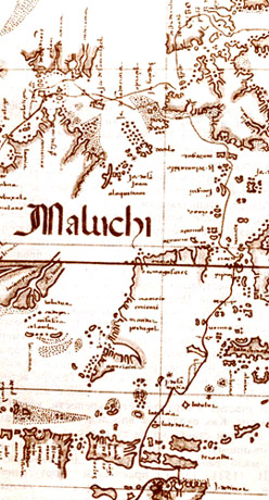 Карта Молуккских островов, Филиппин и Индонезии, составленная Дьогу Оменем в середине XVI века. На карте показан маршрут флота Магеллана (по Келликеру)
