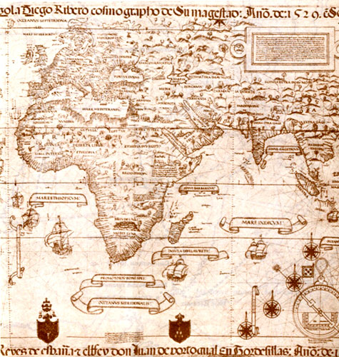 Известные части света на карте Дьогу Рибейру (1592), слева - демаркационная линия, оговоренная Тордесильяским договором